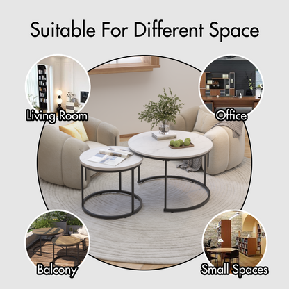 White 2-Piece Round Nesting Coffee Table Set – Marble-Look Wood Top with Metal Frame