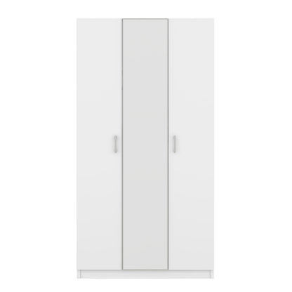 White 3-Door Wardrobe with Center Mirror – Particle Board Closet Organizer with Hanging Space