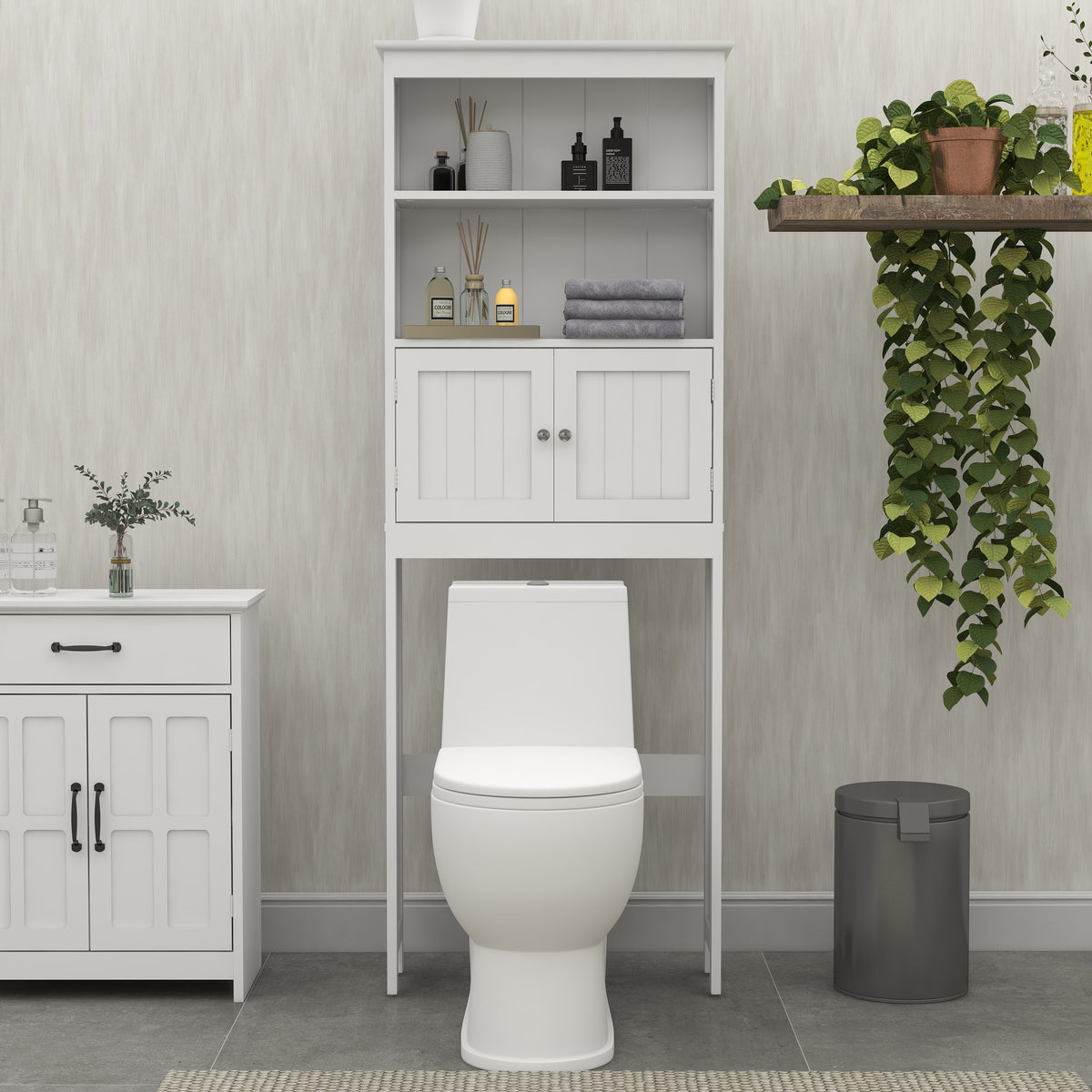2-Tier Over-Toilet Storage Cabinet – Wood Finish Bathroom Spacesaver with 2 Doors