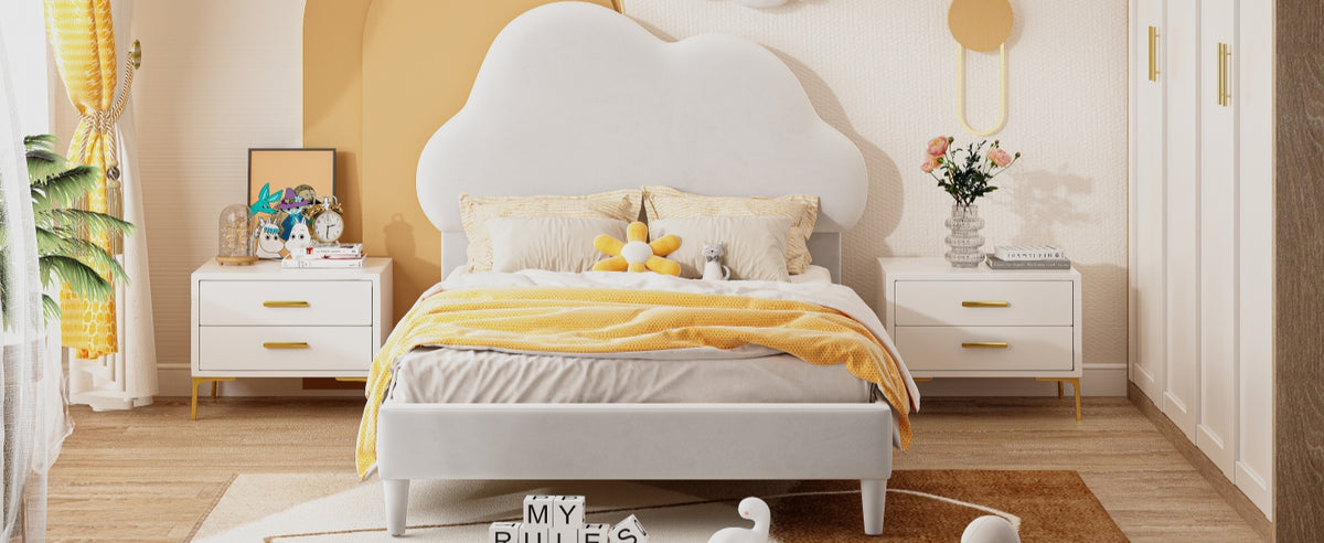 Twin Velvet Platform Bed with Headboard Beige