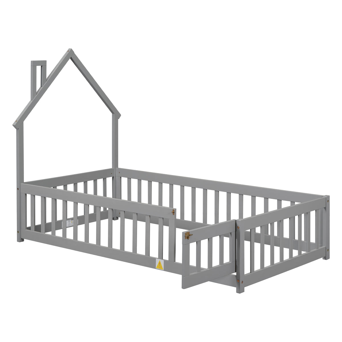 Twin House Bed with Fence Gray