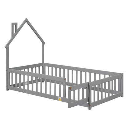Twin House Bed with Fence Gray