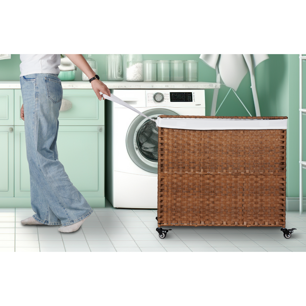 Brown Laundry Hamper with Lid and Wheels