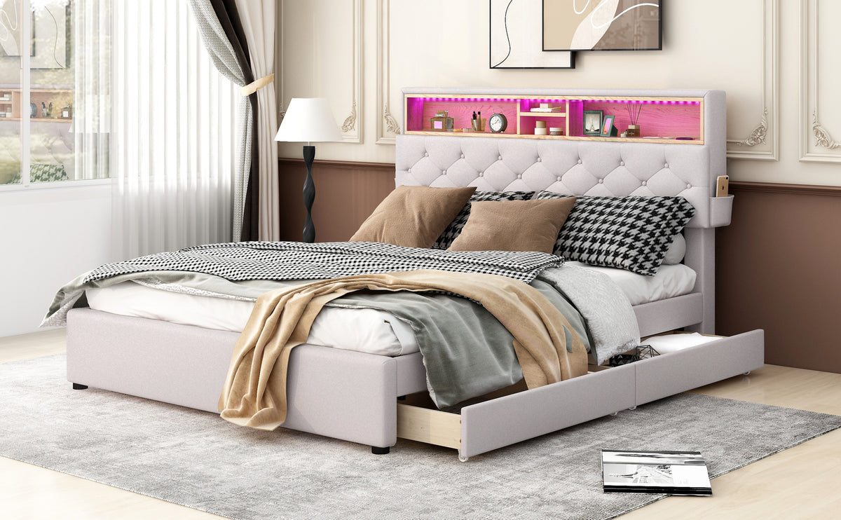 Queen LED Upholstered Storage Bed – Beige