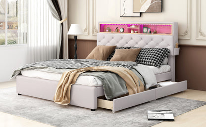 Queen LED Upholstered Storage Bed – Beige