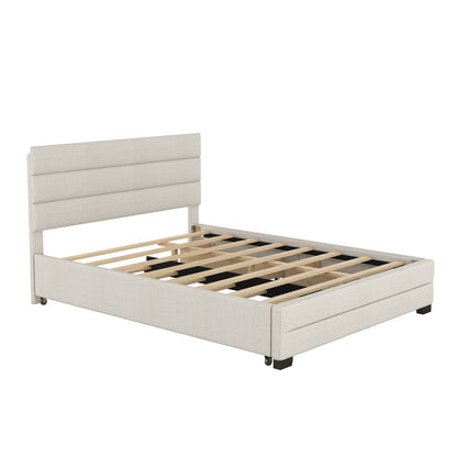 Queen Upholstered Bed with Twin Size Trundle Beige