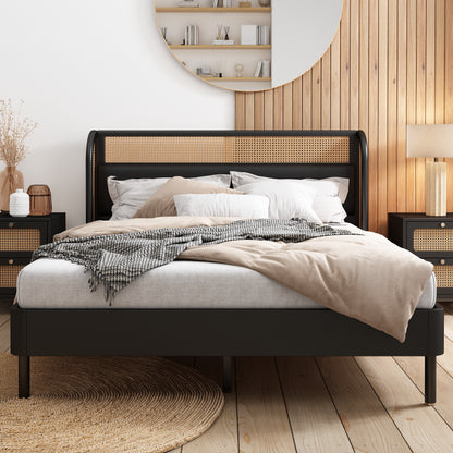 Cannage Rattan Queen Platform Bed Black Finish