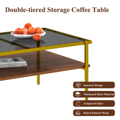 Rectangle Coffee Table Tempered Glass and Gold Legs