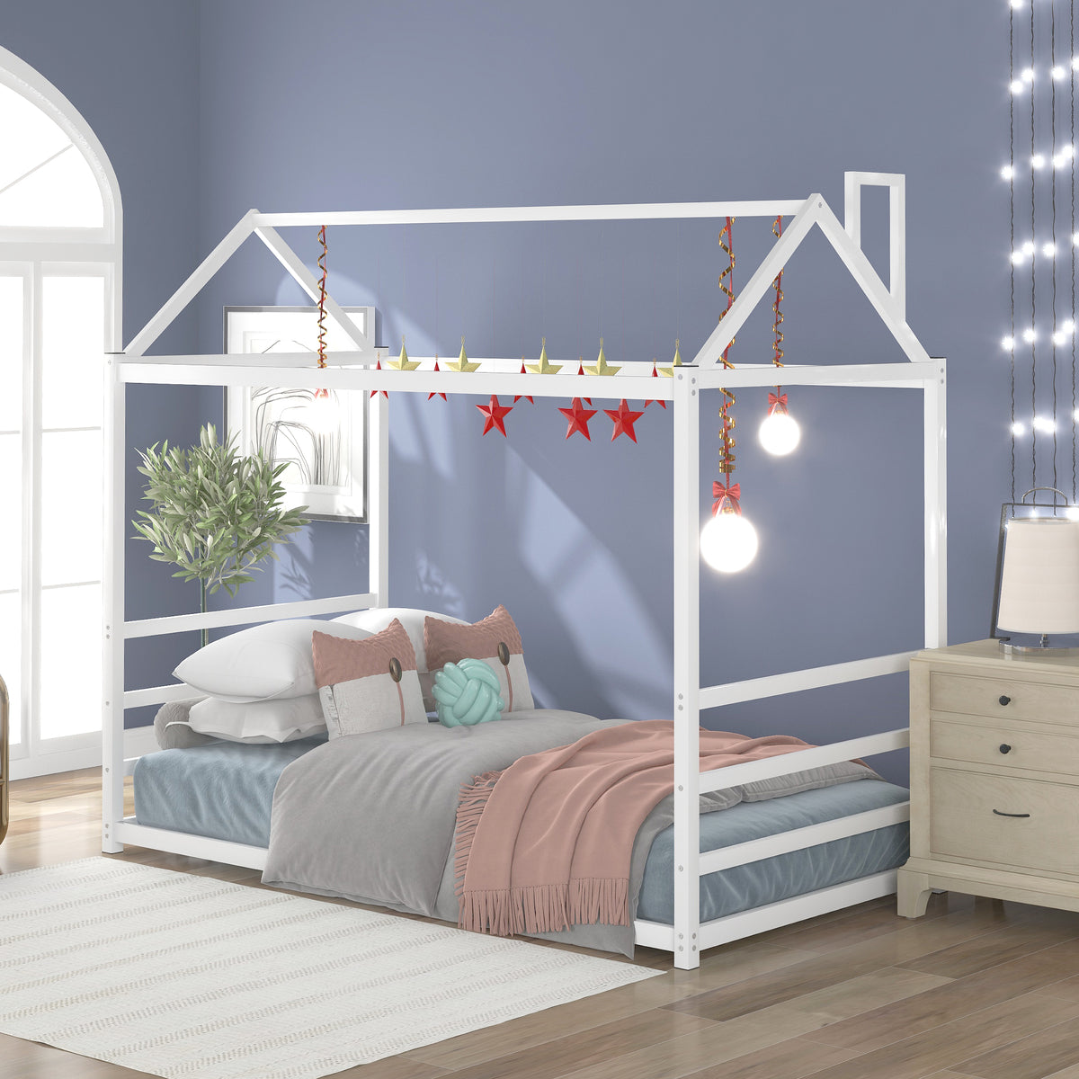 House Platform Bed with Chimney Roof – White