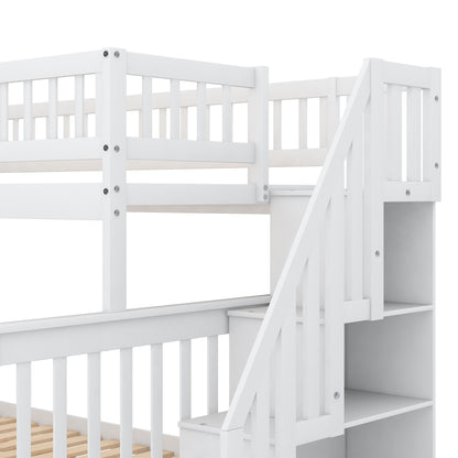 Twin Over Full Bunk Bed with Staircase White