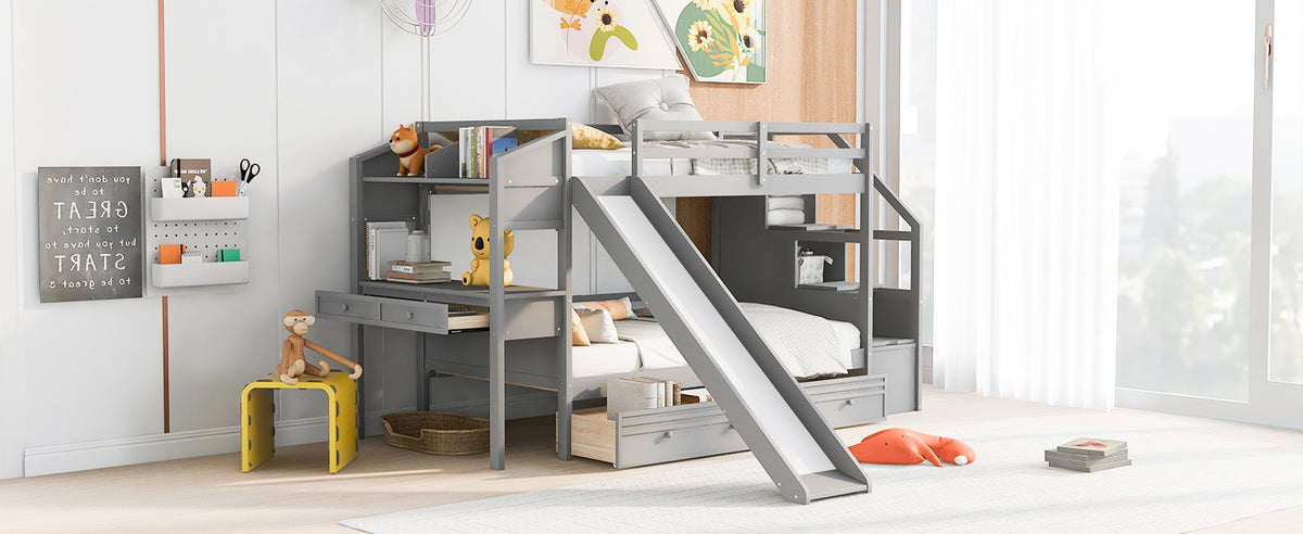 Twin Bunk Bed with Storage Gray