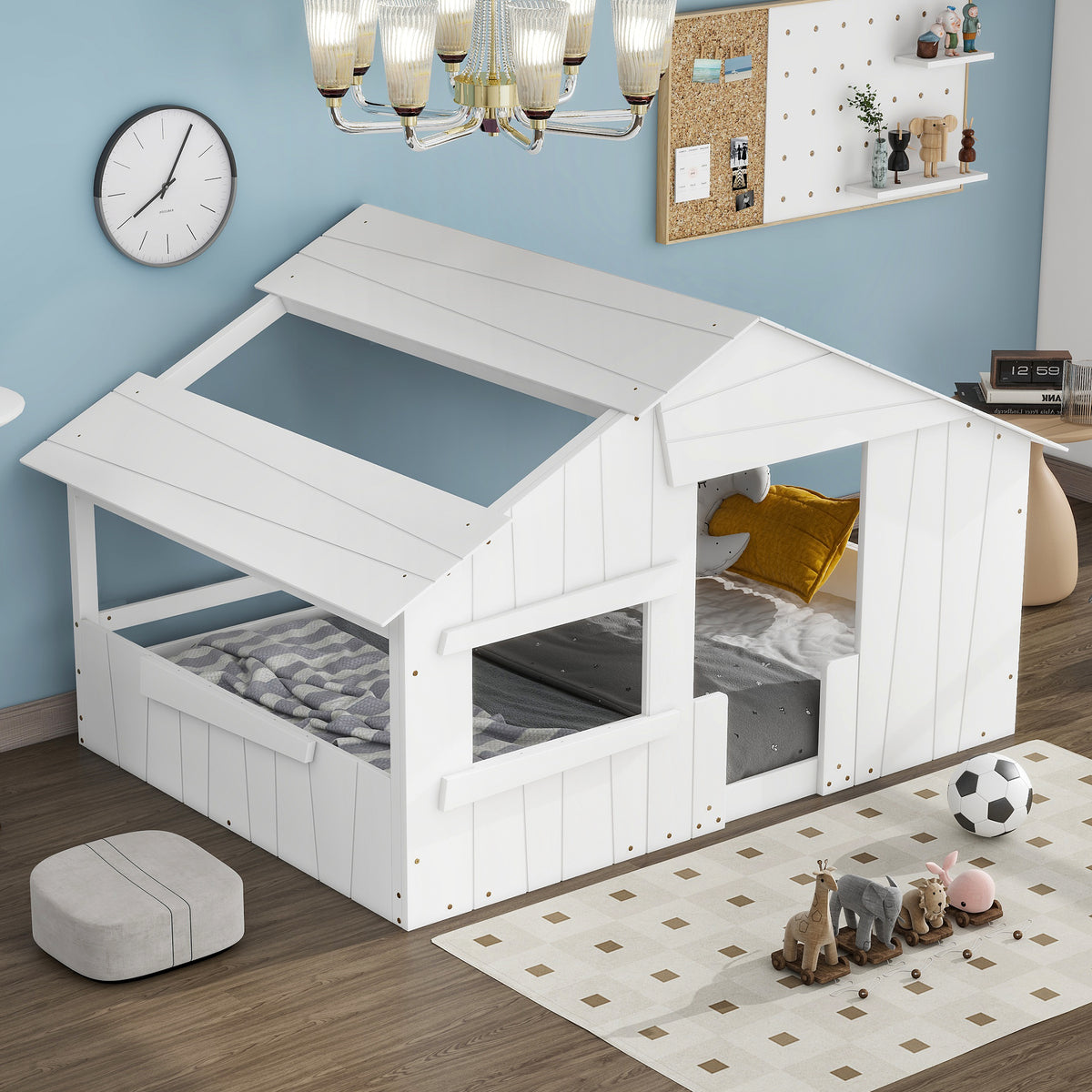 Full Wood Bed with Roof Frame White