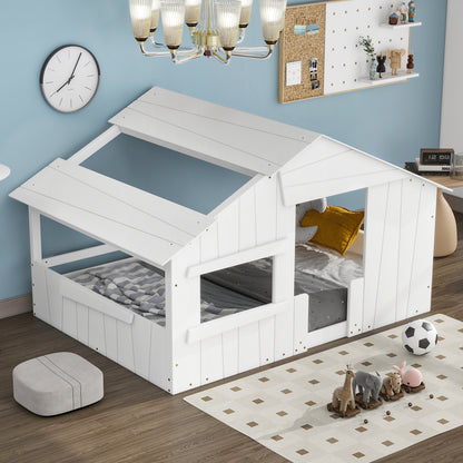 Full Wood Bed with Roof Frame White