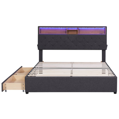 Queen LED Upholstered Storage Bed – Dark Gray