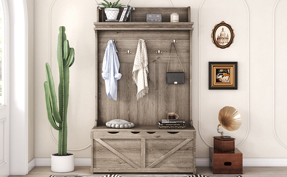 Oak Hall Tree with Hooks, Shelves, and Storage Bench
