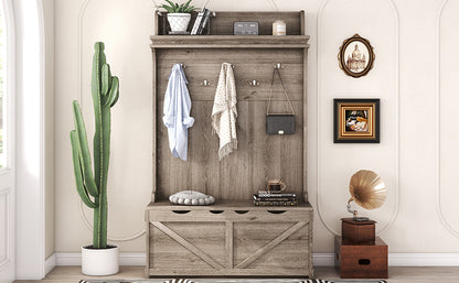 Oak Hall Tree with Hooks, Shelves, and Storage Bench