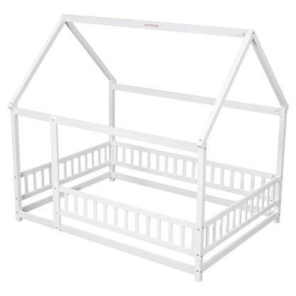 Full Wooden Bed with House Roof Frame White
