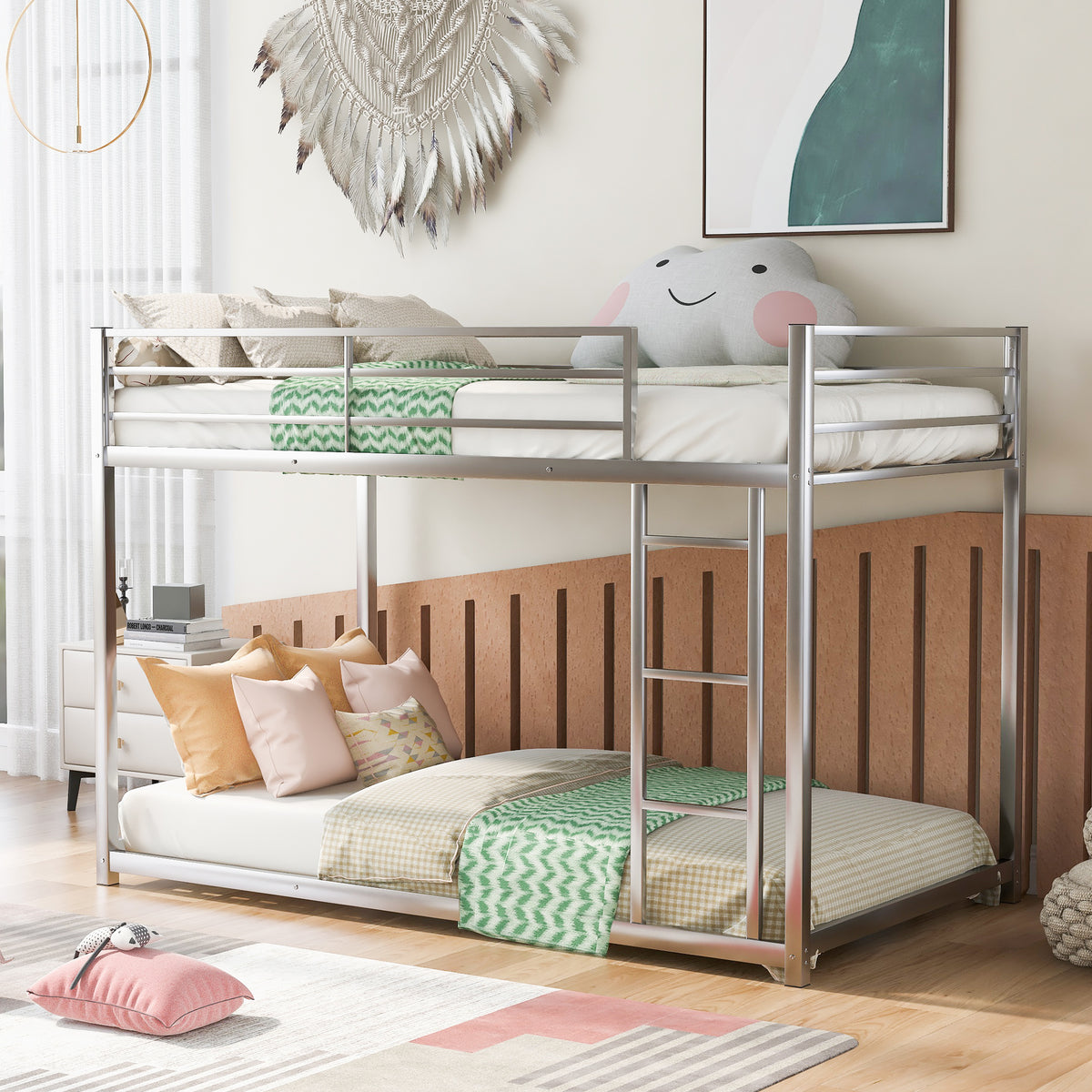 Metal Twin Bunk Bed with Ladder Silver