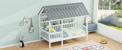 House Bed with Roof and Guardrails White
