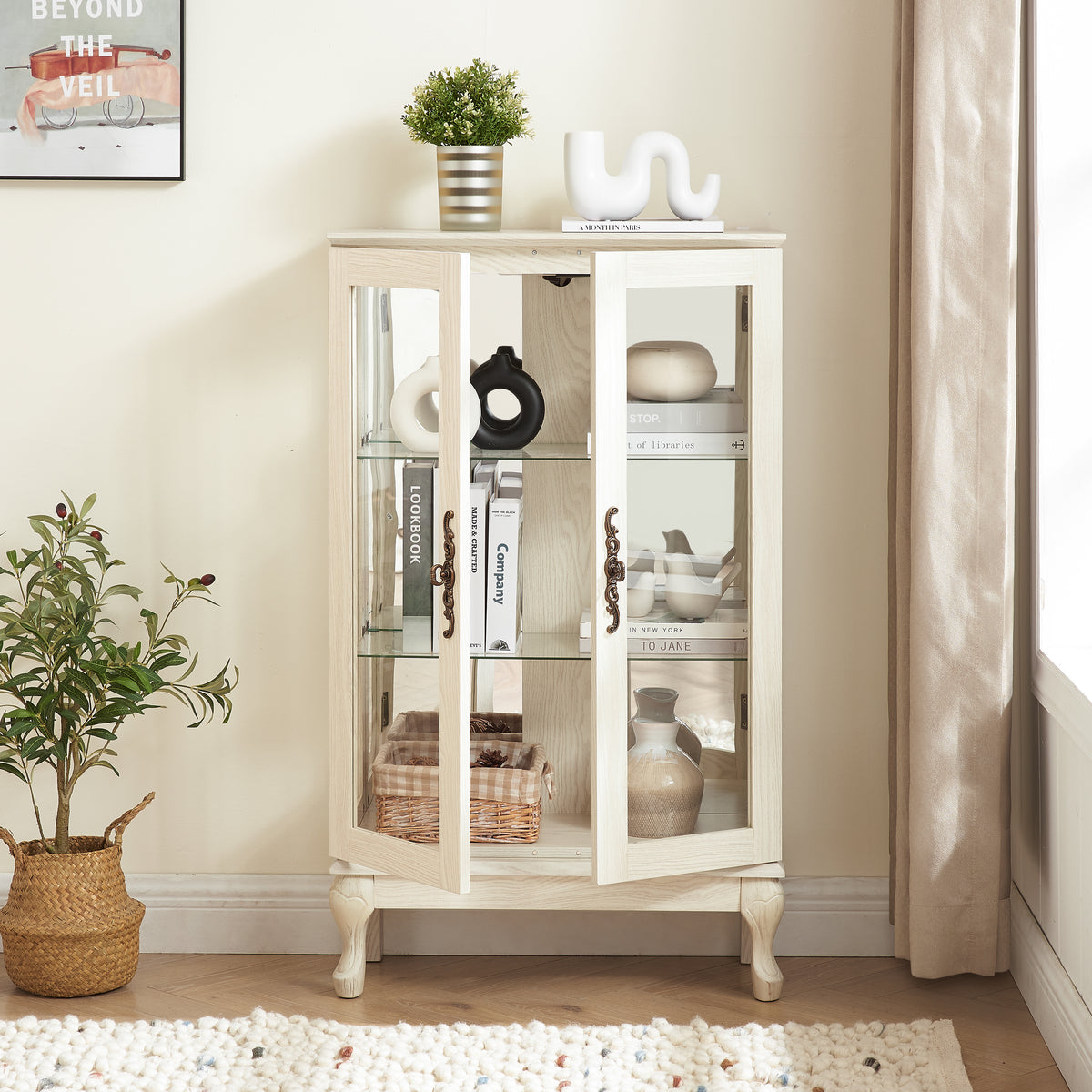 Dual Door Curio Display Cabinet with Adjustable Glass Shelves White