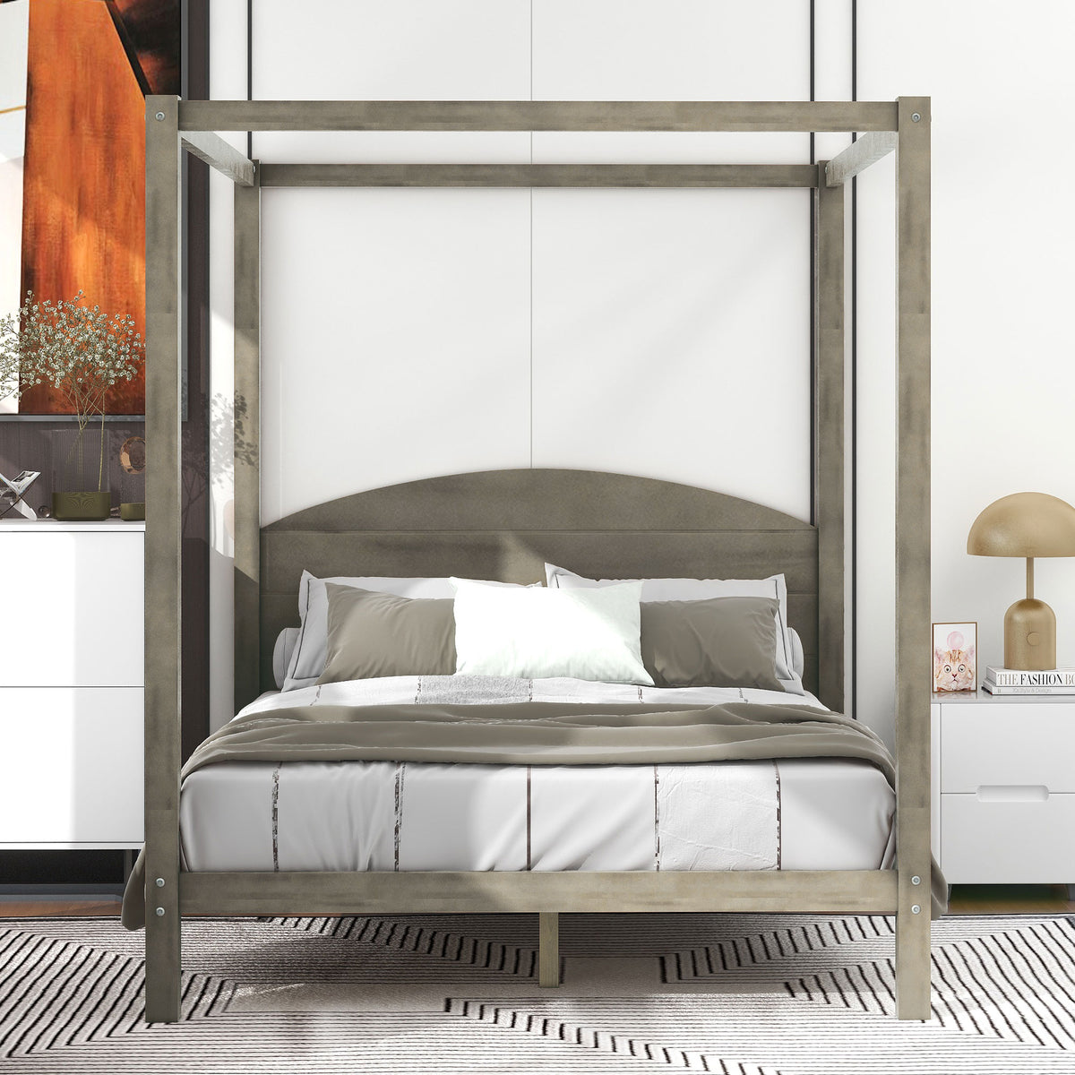 Queen Canopy Platform Bed Brown Wash