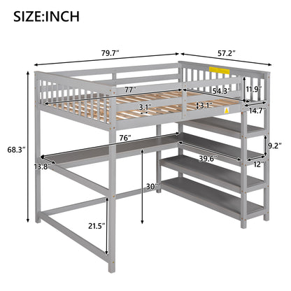 Full-Size Loft Bed with Desk and Drawers Gray