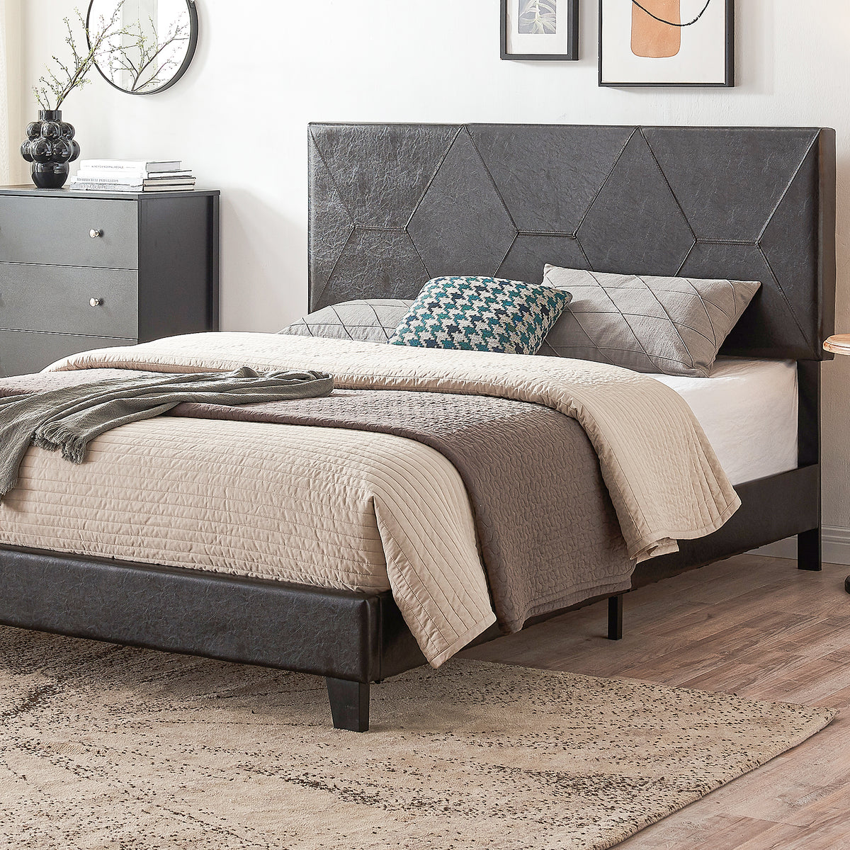 Queen Upholstered Platform Bed – Black Faux Leather