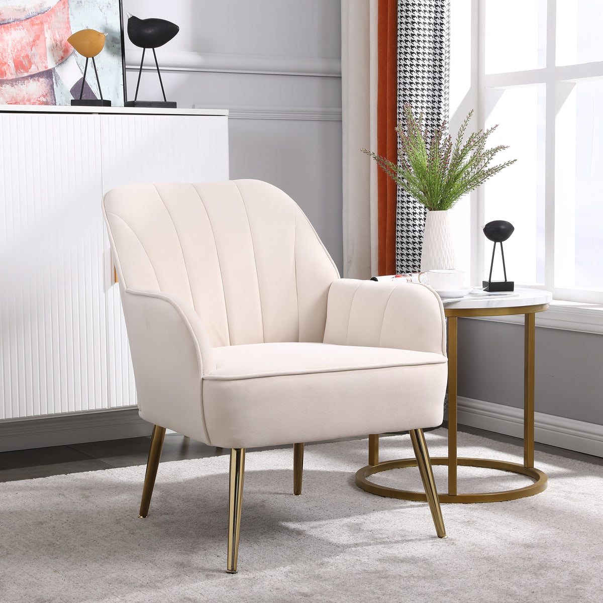 Mid-Century Velvet Armchair Beige Finish