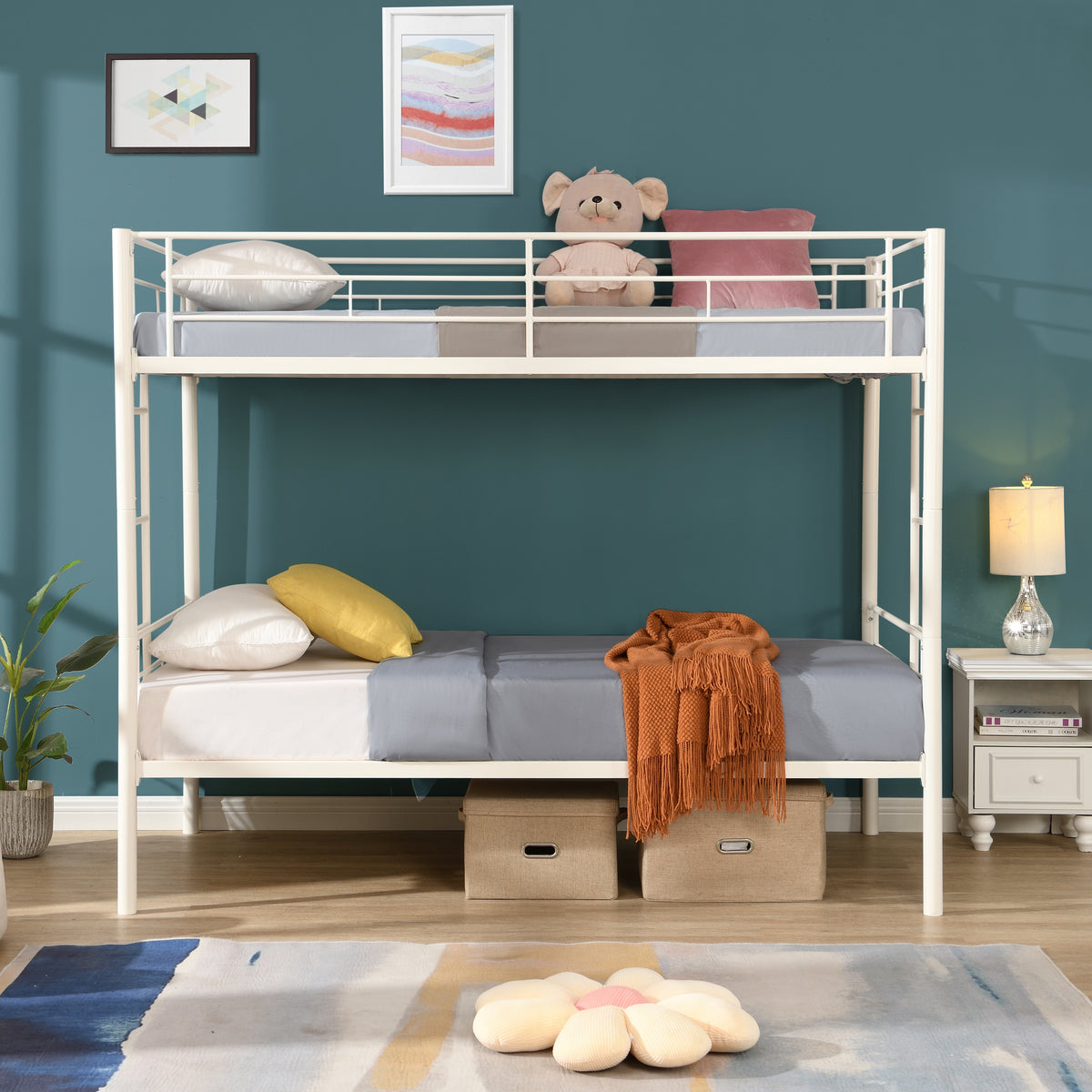 Twin Metal Bunk Bed with Safety Rail White