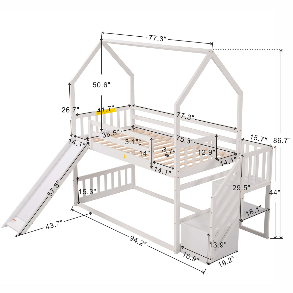 Twin House Bunk Bed White