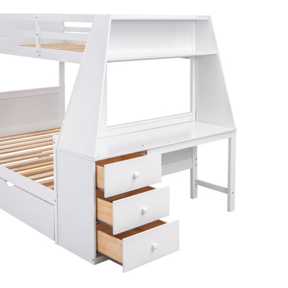 Twin Over Full Bunk Bed with Built-In Desk White