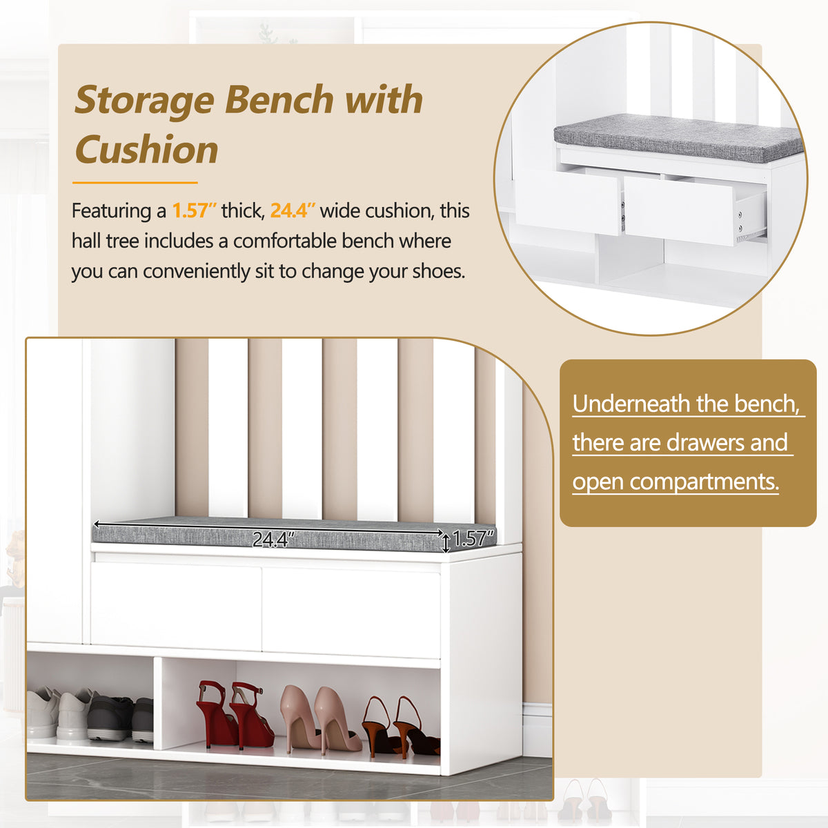 Hall Tree Shoe Cabinet – White Finish