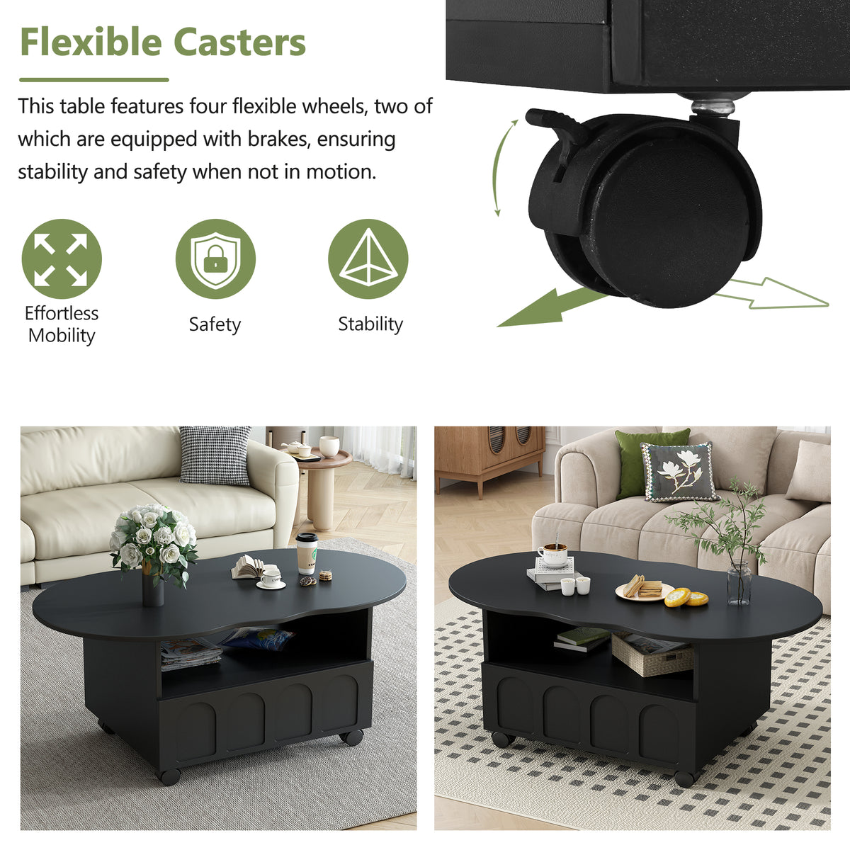 Cream Coffee Table with Storage Drawers – Black