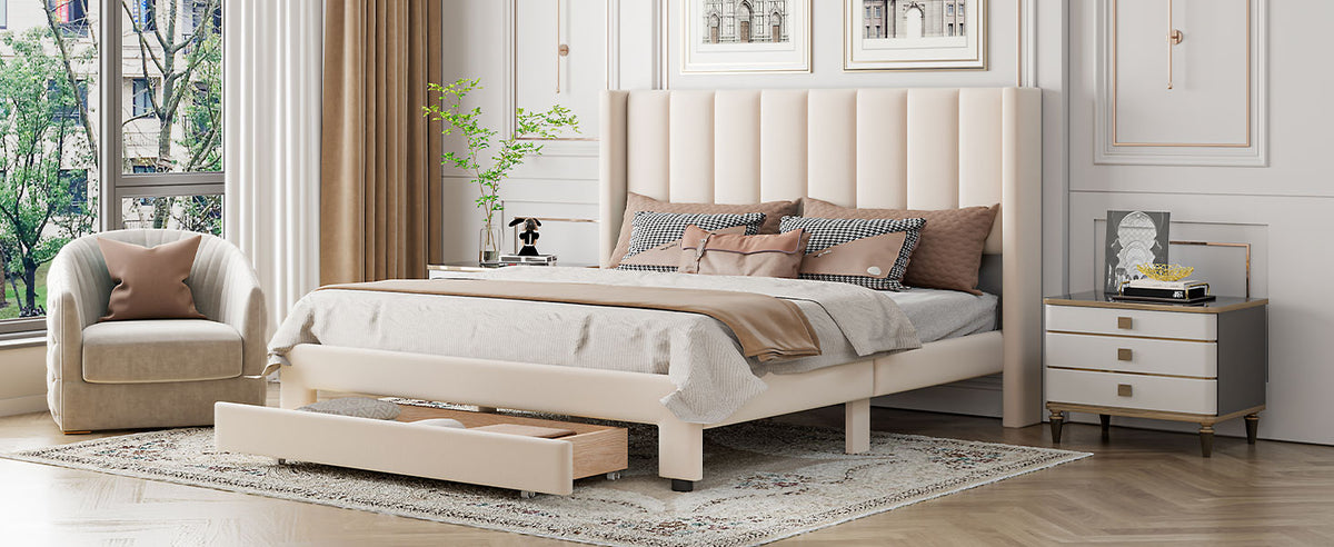 Queen Velvet Storage Bed Beige