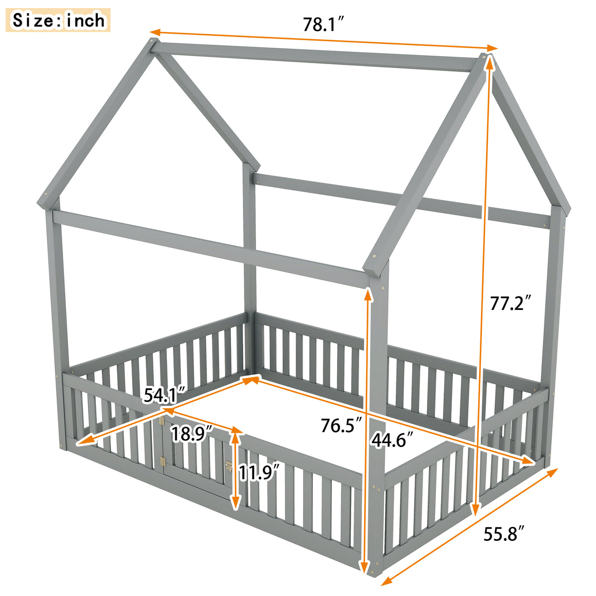 Full Wood Bed with Fence and Door Gray