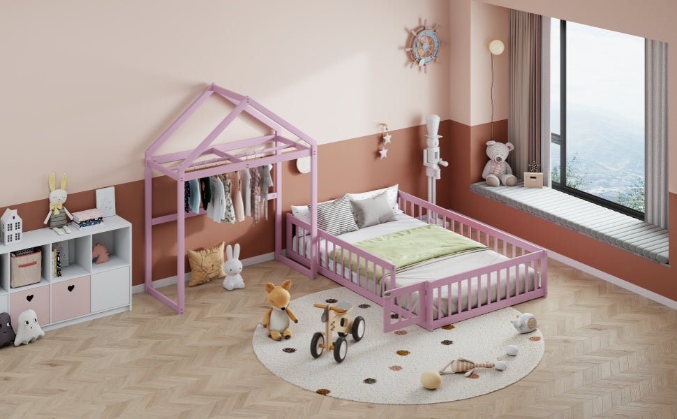 Full Wood Children’s Bed with Clothes Rack Pink