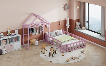 Full Wood Children’s Bed with Clothes Rack Pink
