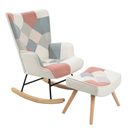Mid-Century Patchwork Rocking Chair with Ottoman – Wood Legs