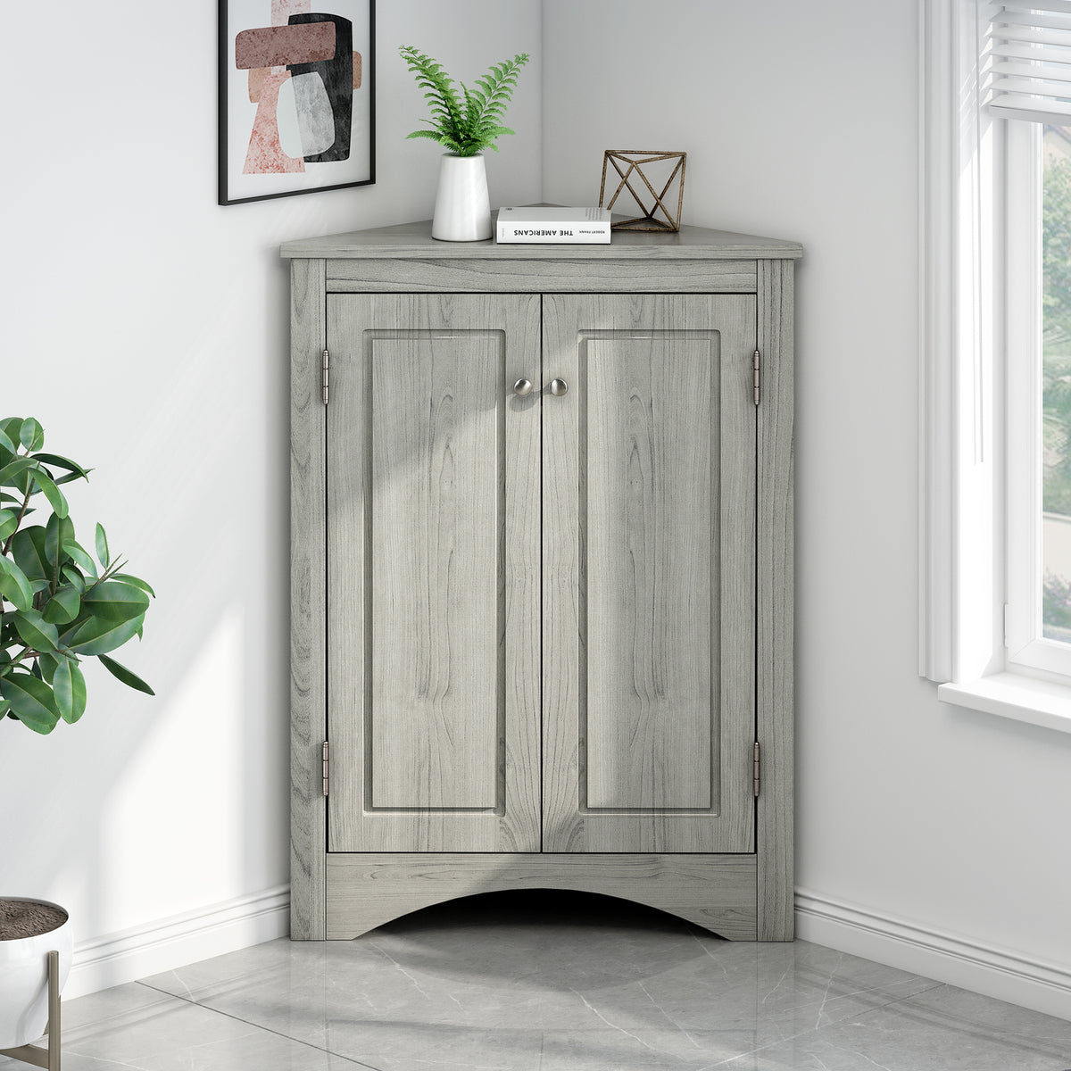Oak Corner Bathroom Cabinet with Shelves