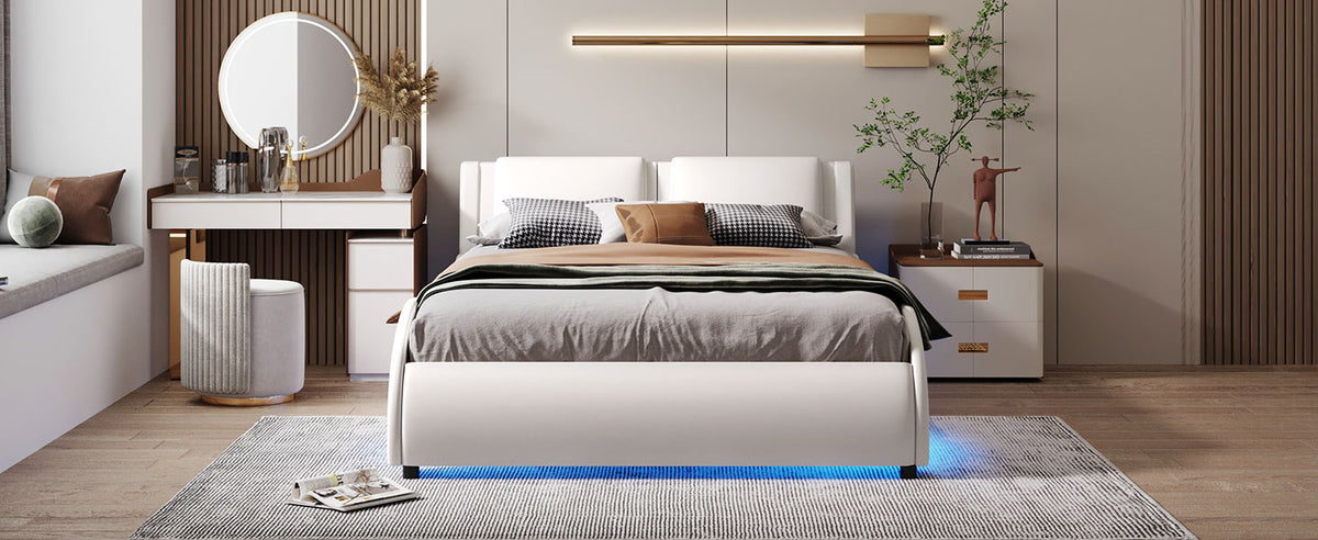 Full Upholstered Platform Bed with LED Lights