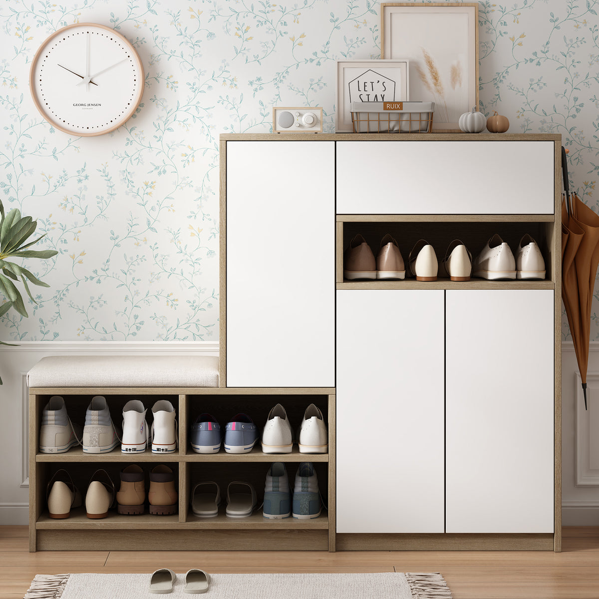 Shoe Cabinet with Soft Cushion Seat and Shelves