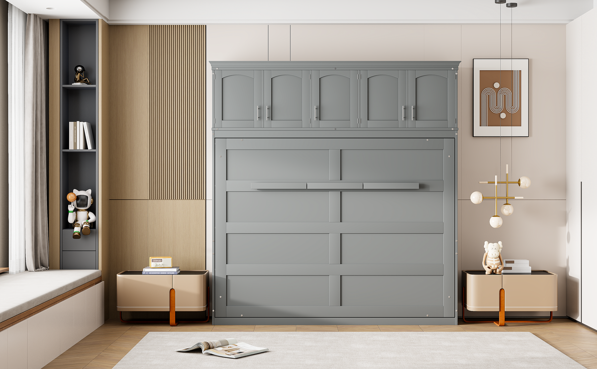 Gray Murphy Bed with Top Cabinets