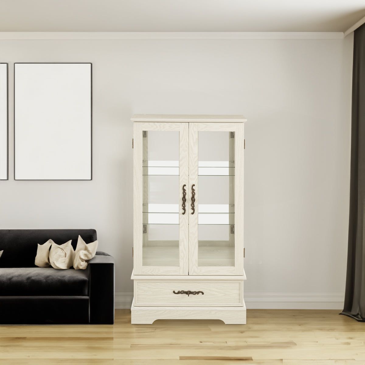 Light Oak Display Cabinet with Glass Doors and Drawer