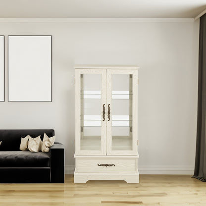 Light Oak Display Cabinet with Glass Doors and Drawer