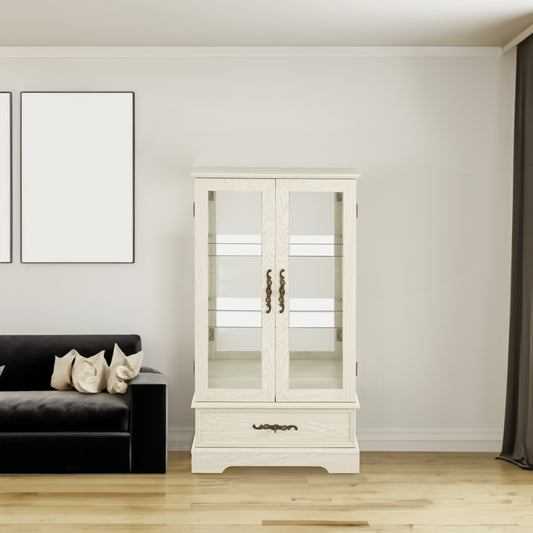 Light Oak Display Cabinet with Glass Doors and Drawer