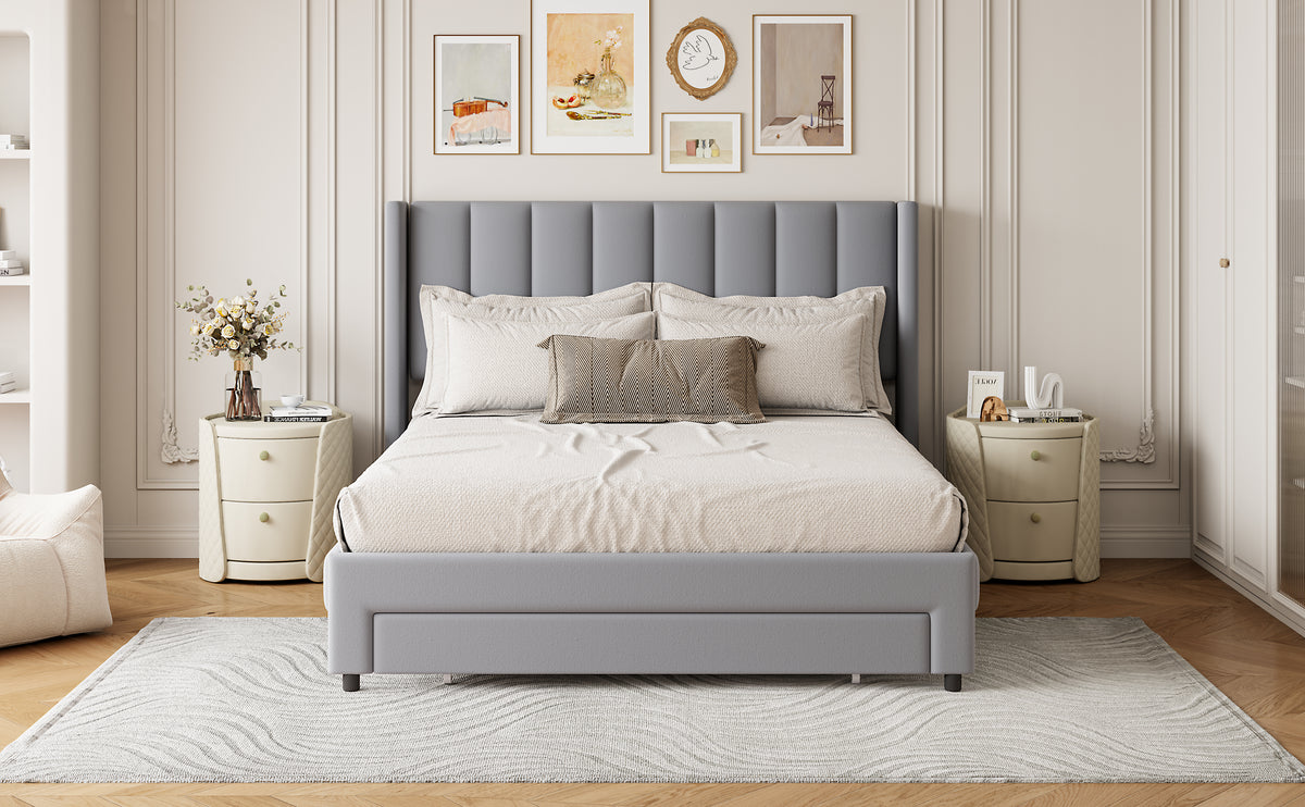 Velvet Platform Bed with Storage Drawer Gray