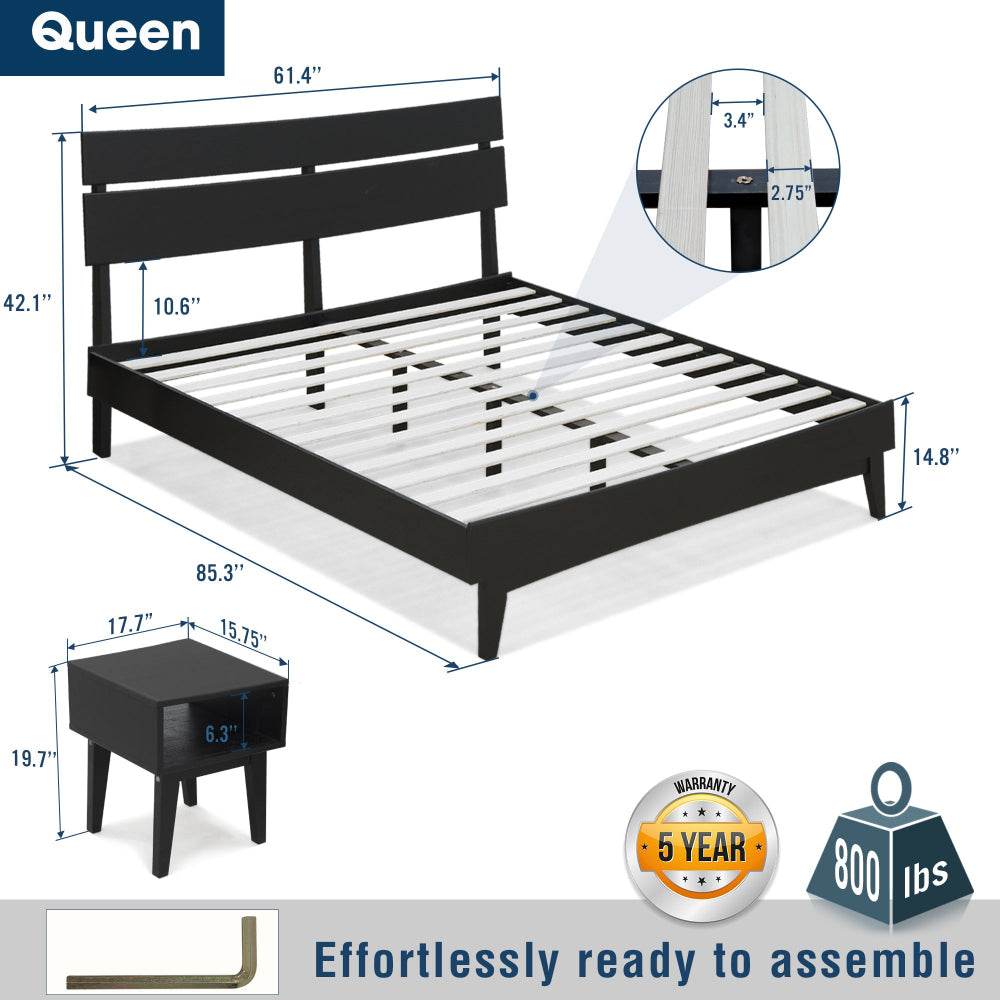 Aurora Solid Wood Bed Frame and Matching Nightstand Bedroom Set