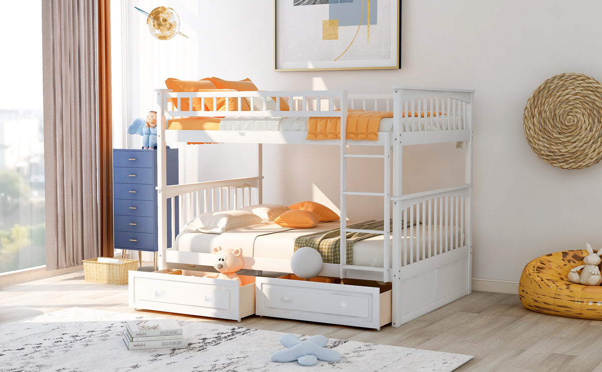 Convertible Full Bunk Bed with Drawers White