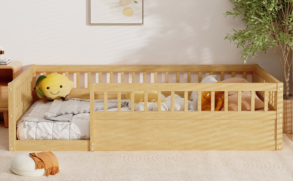 Natural Kids Floor Bed Frame with Fence