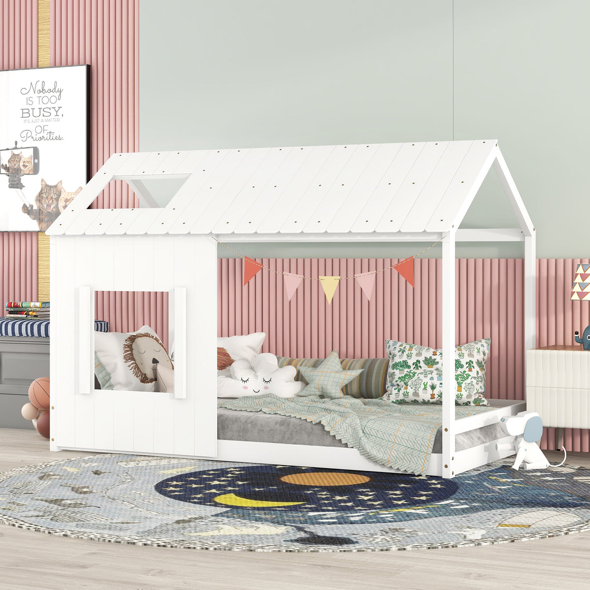 Twin House Bed with Roof Frame White